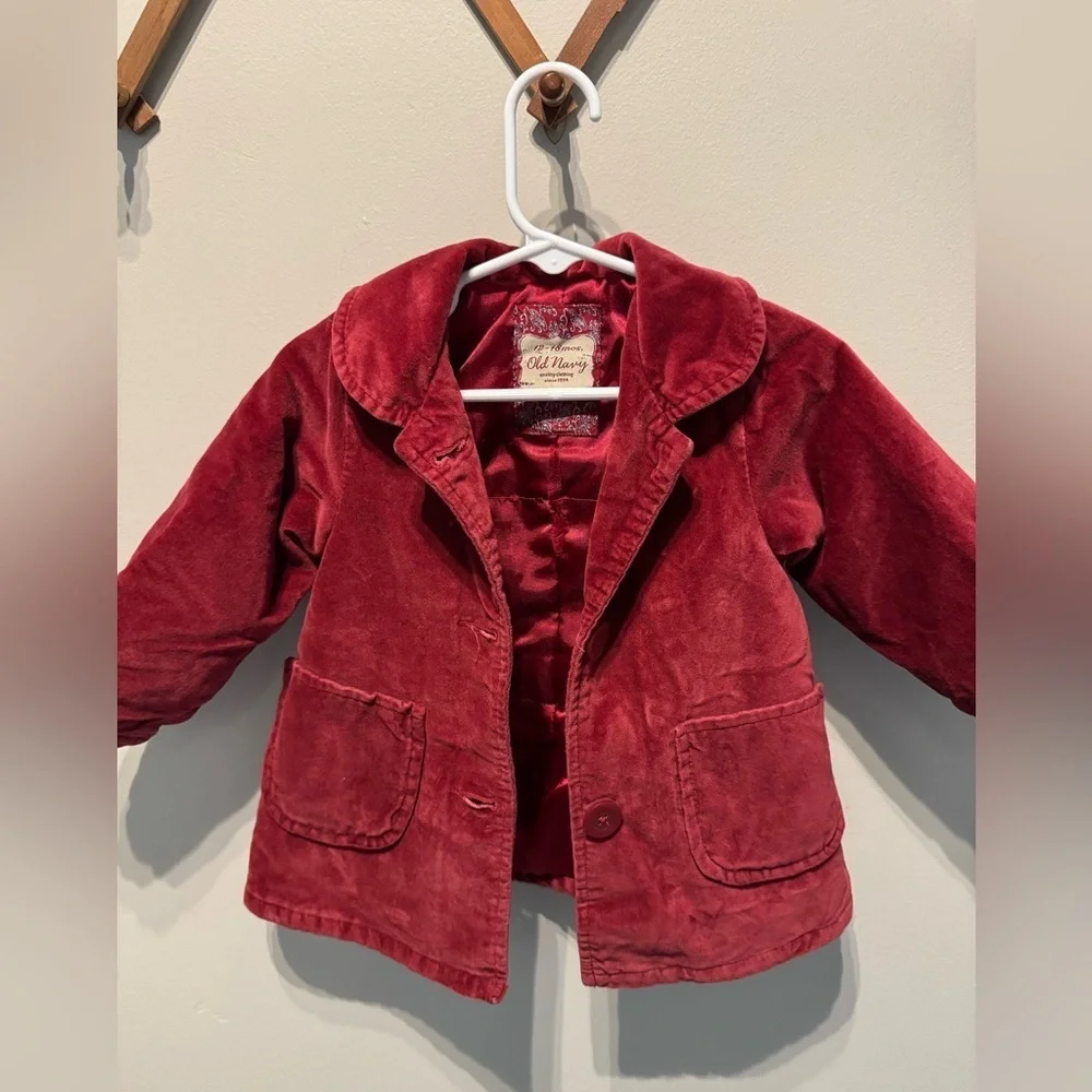 Old Navy Toddler Burgundy Velvet Pea Coat Jacket Girls 12–18 Months Dress Coat